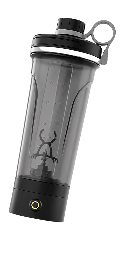 Electric shaker bottle — Black, shown airborne at an angle