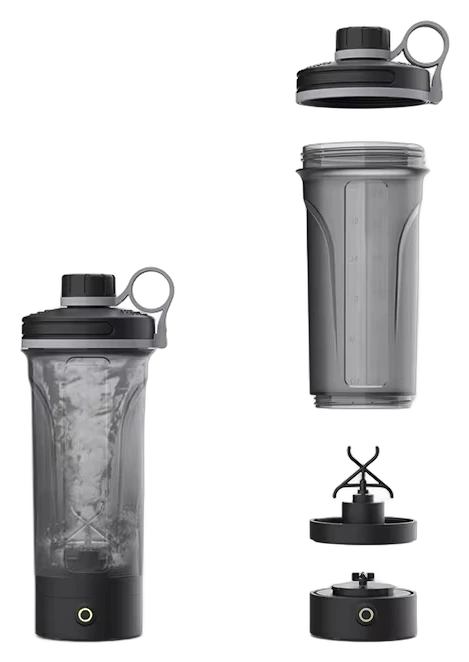 IMADOUR's electric shaker bottle, assembled and exploded view showing internal components